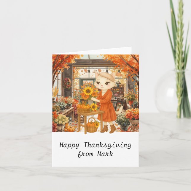 Höstkatt med blommor - Thanksgiving för fallsäsong Kort (Framsida)