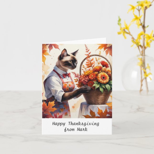 Höstkatt med blommor - Thanksgiving för fallsäsong Kort (Gul blomma)