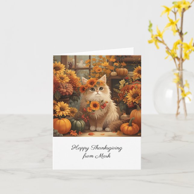 Höstkatt med blommor - Thanksgiving för fallsäsong Kort (Gul blomma)