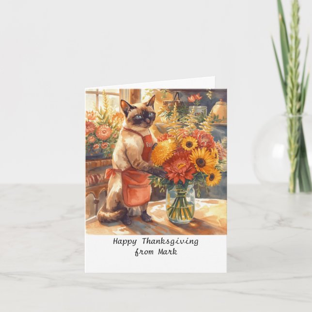 Höstkatt med blommor - Thanksgiving för fallsäsong Kort (Framsida)