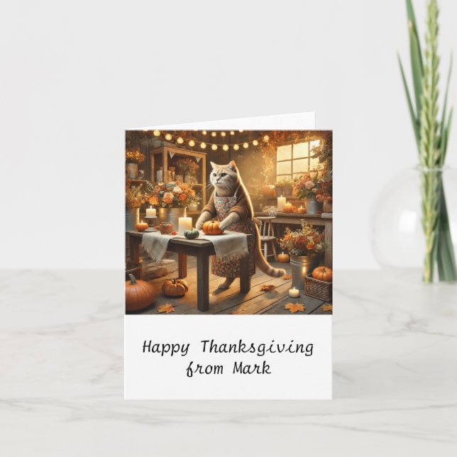 Höstkatt med blommor - Thanksgiving för fallsäsong Kort (Framsida)