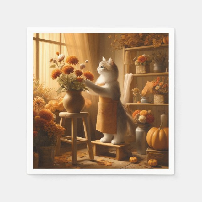 Höstkatt med blommor - Thanksgiving för säsong Pappersservett (Framsidan)
