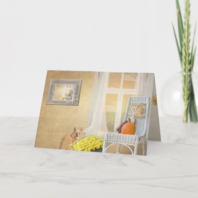 Höstkatt med fönster till vän kort (Framsida)