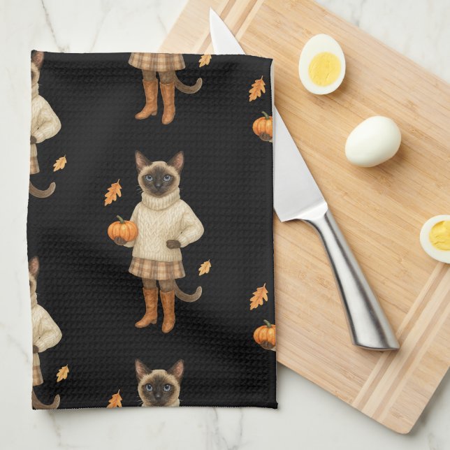 Höstkatt med kaffe för Thanksgiving Kökshandduk (Vikt i Fjärdedel)