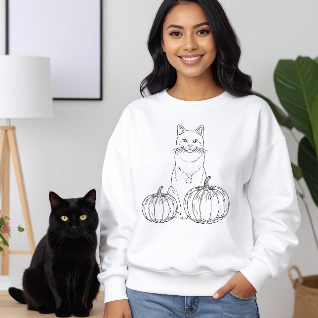 Höstkatt med Pumpkins Line Art Cute Halloween T Shirt (Disclaimer: This image is a digital mockup.)