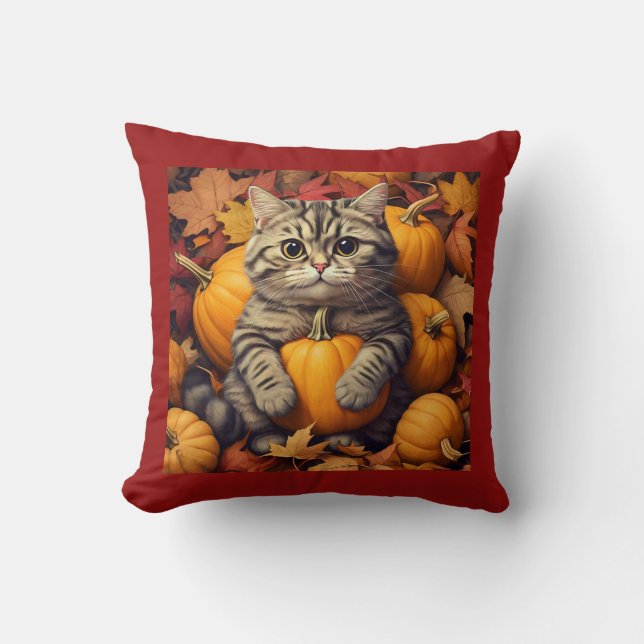 Höstkatt med Pumpkins & Löv Dekorativ kudde (Framsida)
