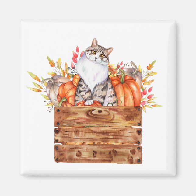 Höstkatt och pumpor i låda  magnet (Framsidan)
