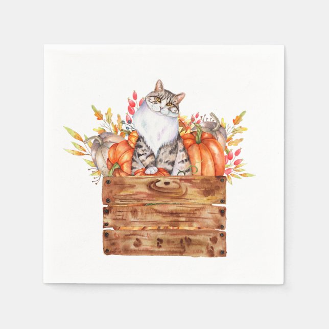 Höstkatt och pumpor i låda  pappersservett (Framsidan)