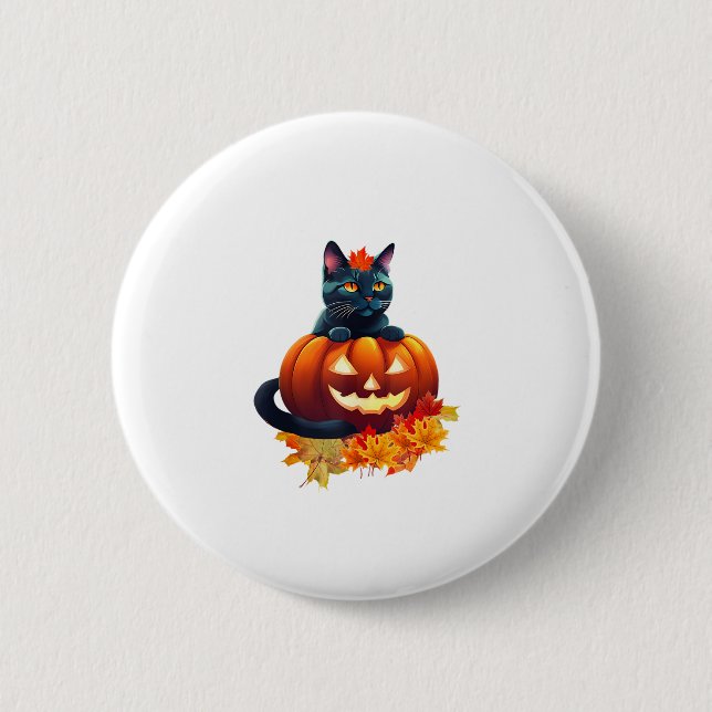 Höstkatt, pumpkin, Halloween-grafikteknik Knapp (Framsida)