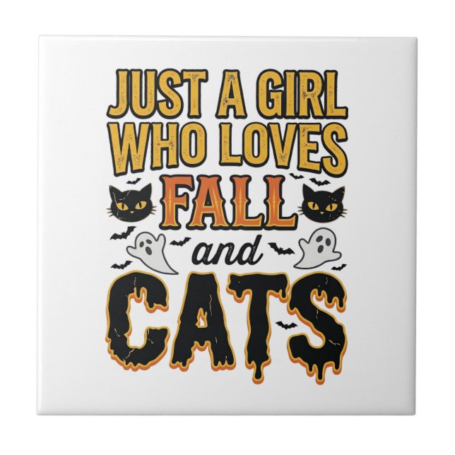 Höstkatter Halloween-flicka Vintage Grafisk Design Kakelplatta (Framsidan)