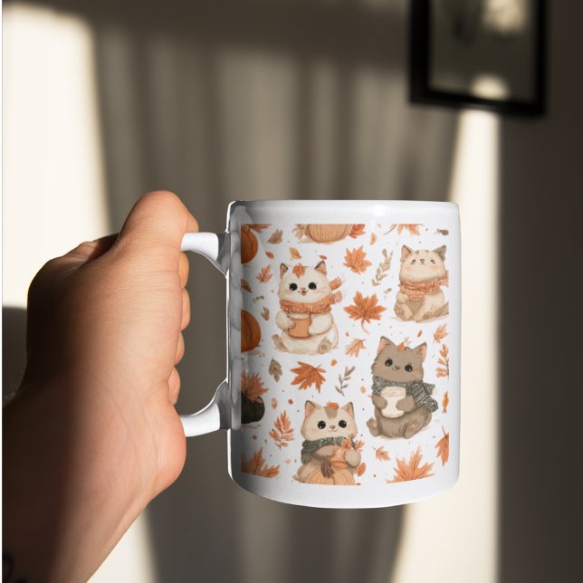 Höstkatter Mönster Mugg Höst Estetik (“Cozy fall mug featuring cute cats and autumn leaves — perfect for warm coffee moments.”)