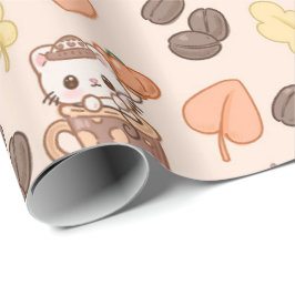 Höstkattmugg Kawaii kaffebönsmönster Presentpapper