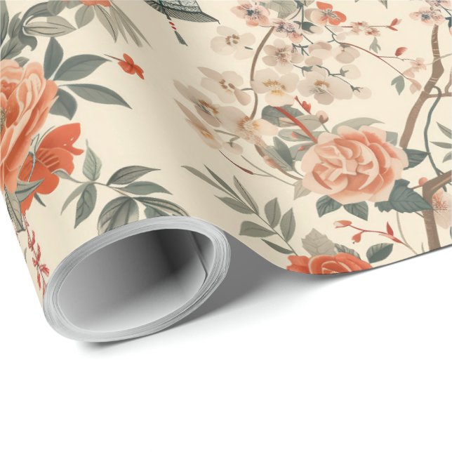 Höstkräm Orange Blommig Chinoiserie Presentpapper (Rullad Hörn)