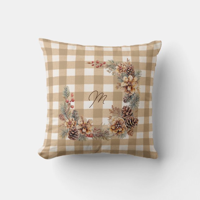 Höstkrans Brun Gingham Monogram  Kudde (Framsida)