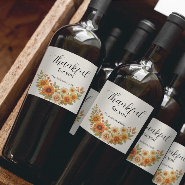 Höstkrans - Fall Blommigt Thanksgiving Vinflaska Etikett (Skapare uppladdad)