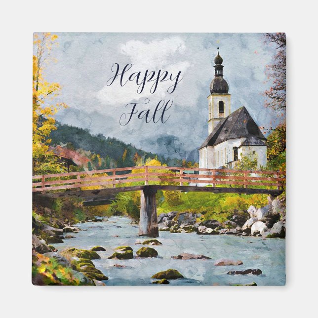 Höstkyrka och träd med anpassningsbar text  magnet (Framsidan)