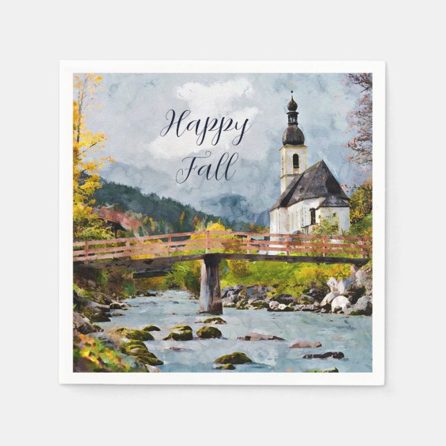 Höstkyrka och träd med anpassningsbar text  pappersservett (Framsidan)