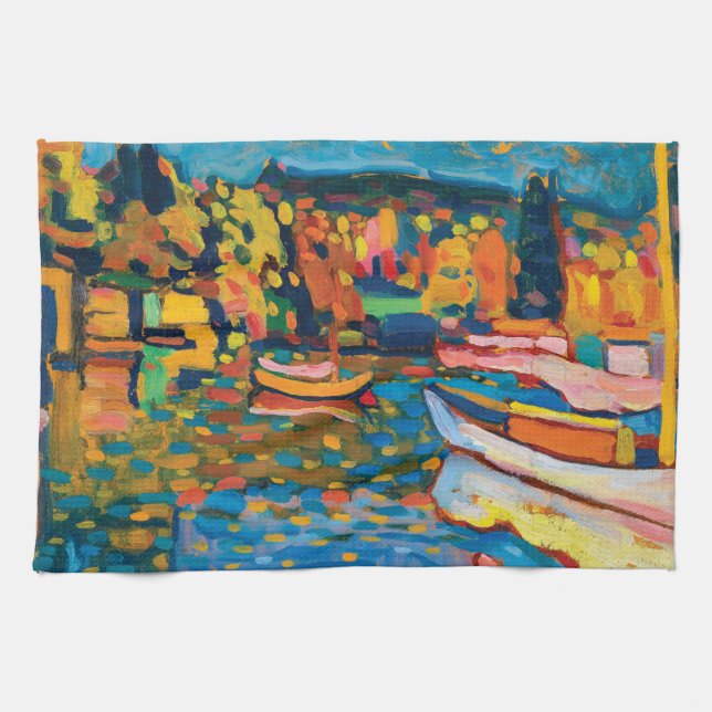 Höstlandskap med båtar av Wassily Kandinsky. Kökshandduk (Horisontell)