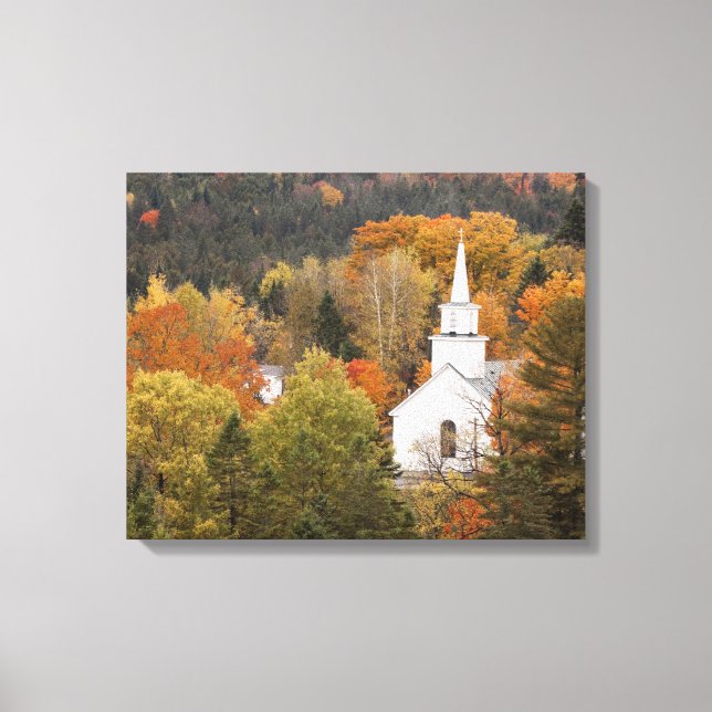 Höstlandskap med kyrka, Vermont, USA Canvastryck (Framsida)