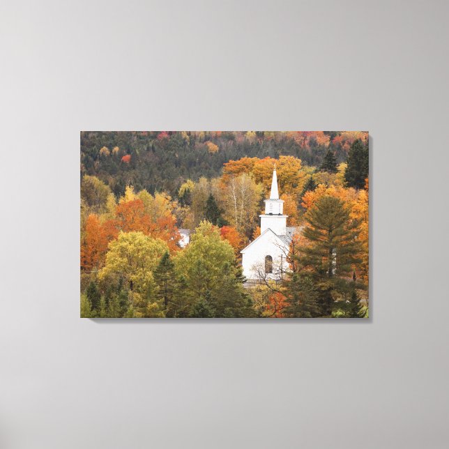 Höstlandskap med kyrka, Vermont, USA Canvastryck (Framsida)