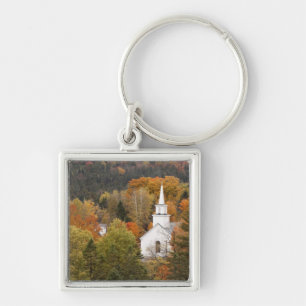 Höstlandskap med kyrka, Vermont, USA Fyrkantig Silverfärgad Nyckelring