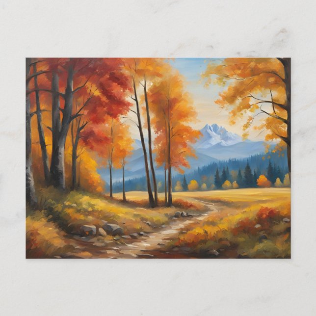 Höstlandskap med Orange Träd och berg Vykort (Framsida)