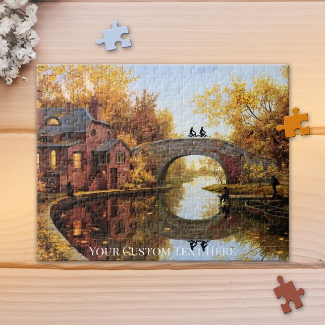 Höstlandskap med Puzzle-floden Pussel (Puzzle featuring a colorful autumn landscape with bridge over a river.)