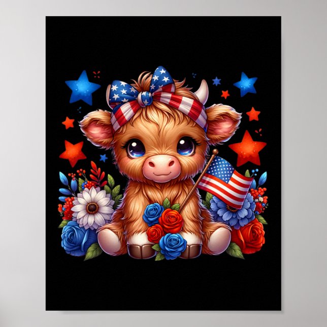 Höstlandskö 4 juli: Floral Usa Patriotic Cow Poster (Framsidan)