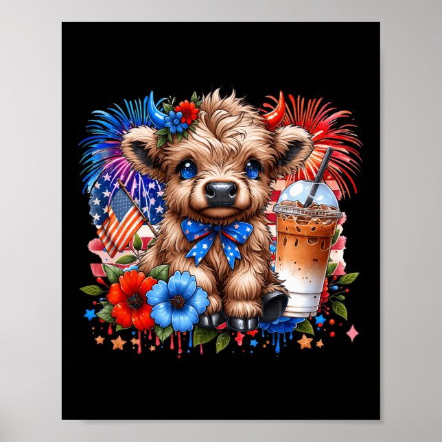 Höstlandskö 4 juli: Floral Usa Patriotic Cow Poster (Framsidan)