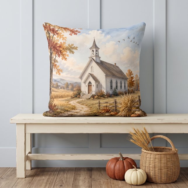Höstlandskyrka Vattenfärg Landskap Kudde (Autumn Country Church Watercolor Landscape Throw Pillow)