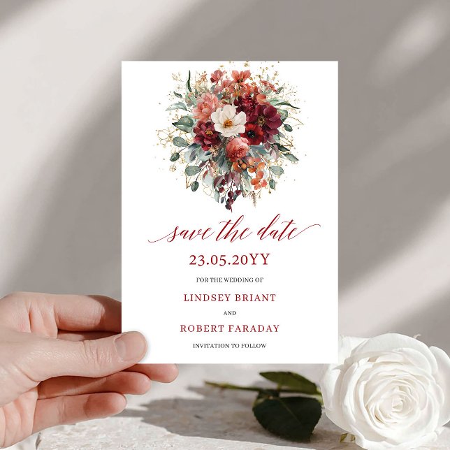 Höstlig djupröd guld blomster underrättelse om dat spara datumet (Autumnal Deep Red Gold Floral Save The Date

)