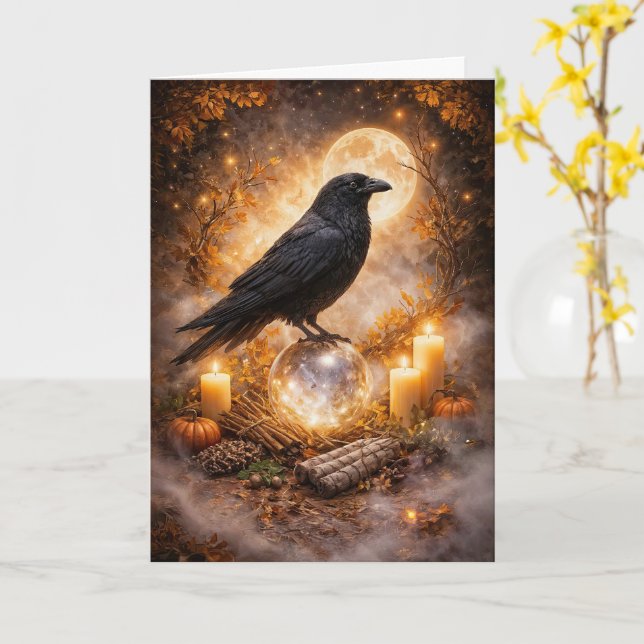 Höstlig höstdagjämning Mabon Mystisk Korp Kort (Gul blomma)