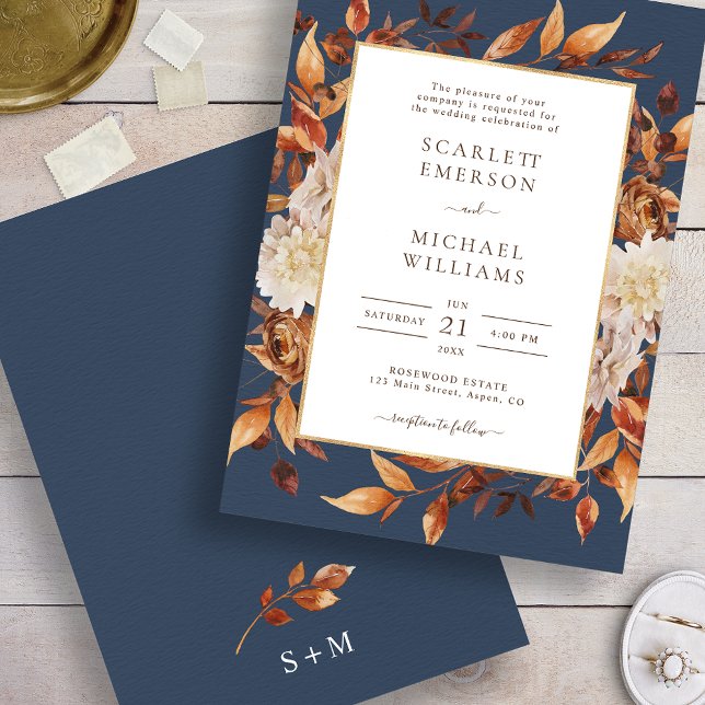 Höstliga Bröllopsinbjudan i Rustik Stil Inbjudningar (Navy Blue Fall Leaves Rustic Wedding Invitation
)