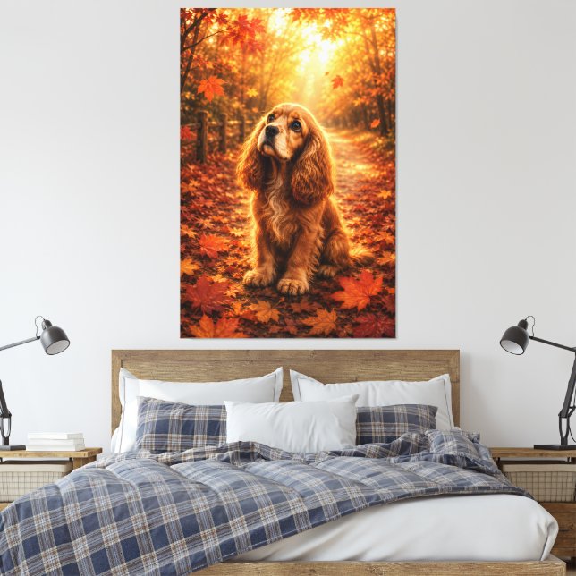 Höstljus Cocker Spaniel Valp – Mysig Höstföraning Canvastryck (Insitu (sovrum))