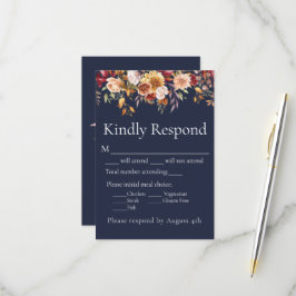 Höstlöv Floral Marinblå Bröllop RSVP OSA Kort