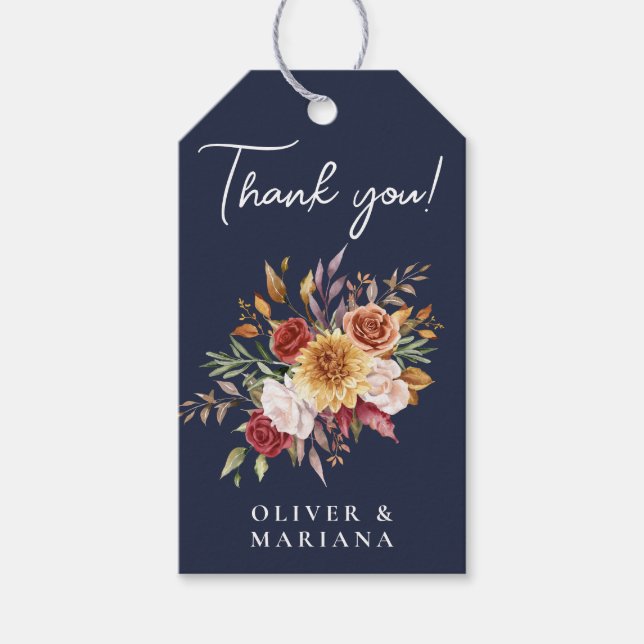 Höstlöv Floral Marinblå Bröllopspresent Presentetikett (Framsidan)