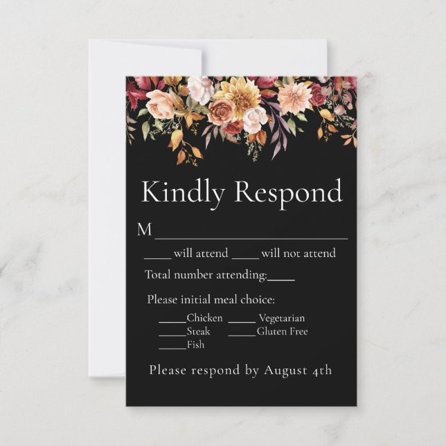 Höstlöv Floral Svart Bröllopsvar RSVP OSA Kort (Framsida)