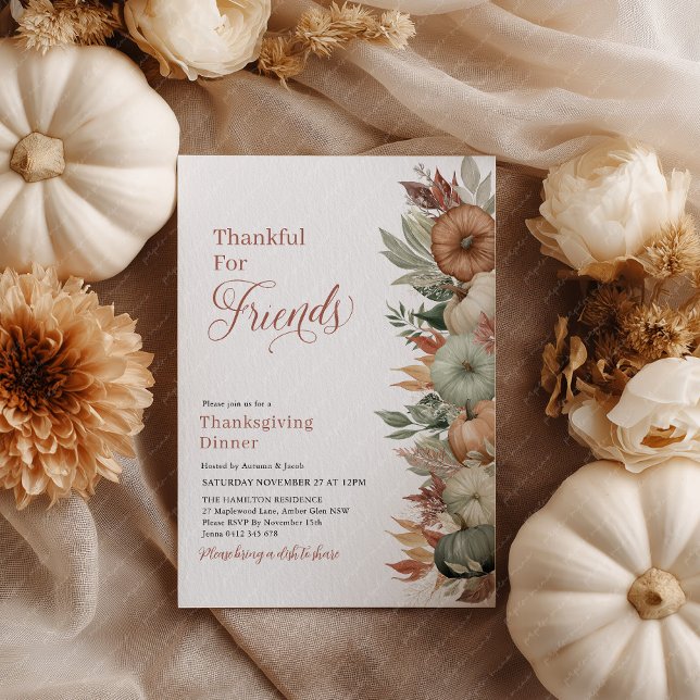 Höstlov Thanksgiving Middag Rustik Pumpa  Inbjudningar (Thankful for friends! Pumpkin Thanksgiving Dinner Invitation)
