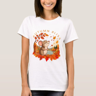 Höstlycka Söt Liten Mus med Höstlöv T Shirt