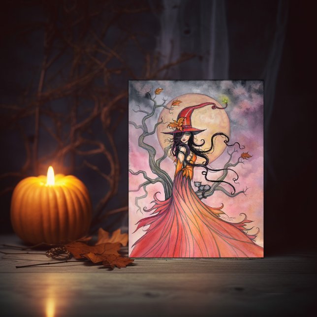 Höstmagisk häxa och katt fantasy Halloween-konst Helg Vykort (Skapare uppladdad)