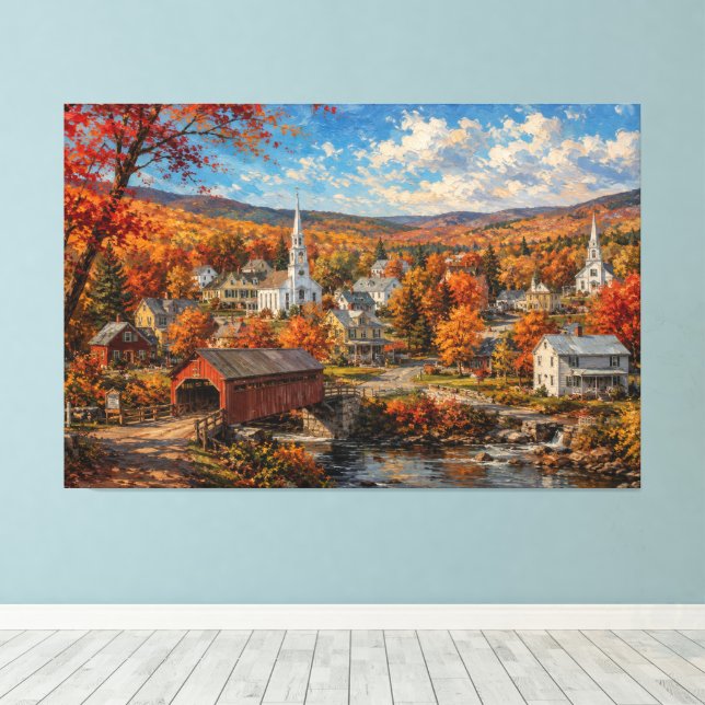 Höstmåleri av New England-by Canvastryck (Insitu (trägolv))