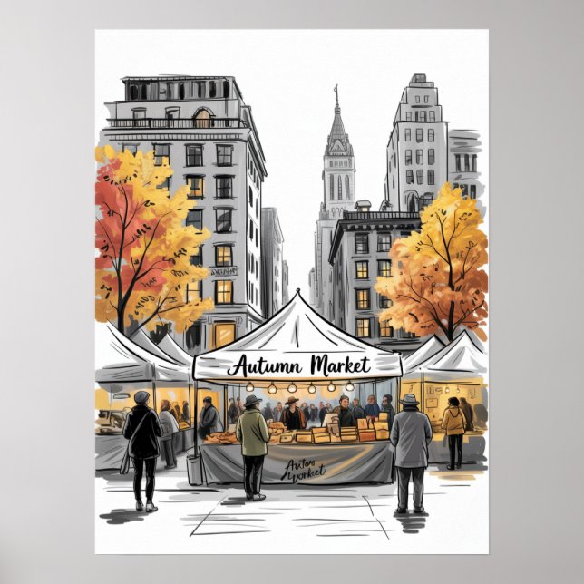 Höstmarknad på gata i NYC med höstlöv Poster (Framsidan)