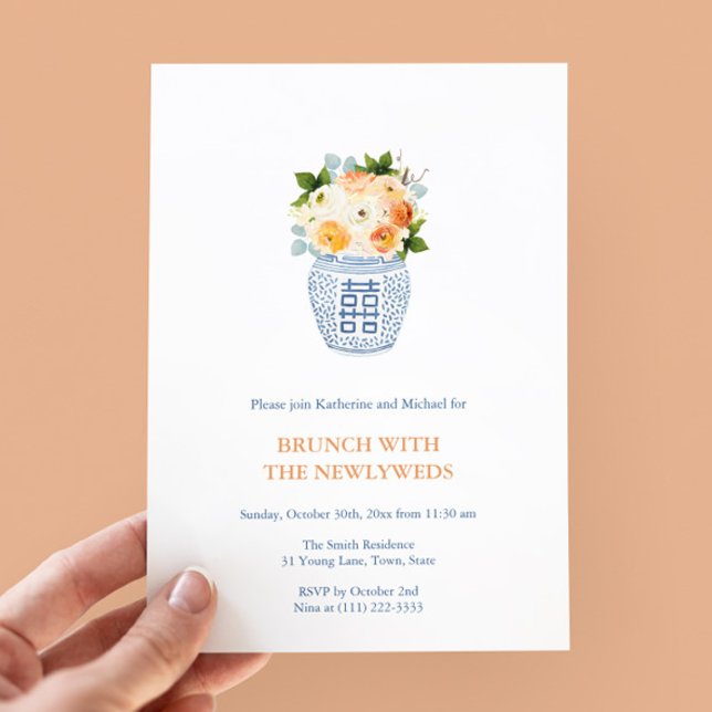 Höstmorgon efter Bröllop Brunch Party Inbjudningar (Autumn Flowers In Ginger Jar Vase Brunch With Newlyweds Morning After Brunch Party Invitation)