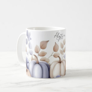 Höstmugg med blå och beige pumpor och blommor kaffemugg