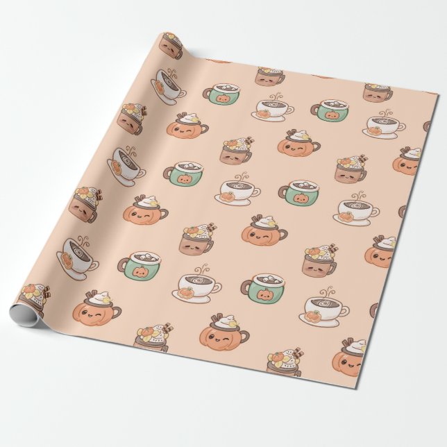 Höstmuggar & Pumpapaj Kawaii-inslagspapper Presentpapper (Utrullad)