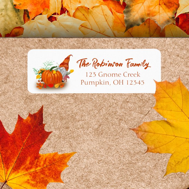Höstnom med knumpkin returadress etikett (Friendly Greetings: Autumn Gnome Address Label, Whimsy for Your Fall Correspondence!)