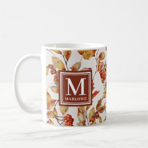 HöstOrange Löv Vattenfärgsmonogram Kaffemugg