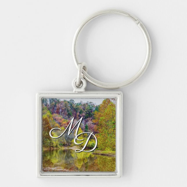 Höstövergång med monogramnyckelkedja fyrkantig silverfärgad nyckelring (Framsidan)