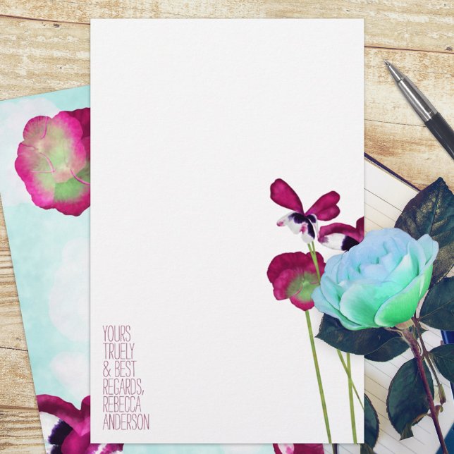 Höstpaneler, Aqua, Rosa, Violet Stationary (violet pink magenta pansy pansies floral budget personalized letter writing stationary paper sheets)