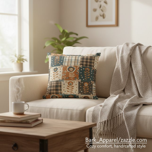 Höstpatchwork Rustik Blommig & Plaid Dekorativ Kudde (Skapare uppladdad)